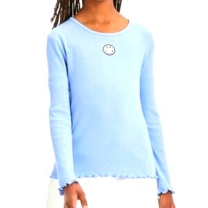 Art Class Girls’ Embroidered Smiley Face Long Sleeve Ribbed Shirt - Blue XL